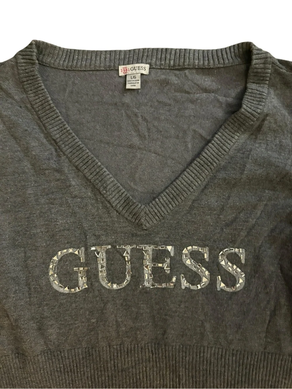 GUESS Charcoal Gray V-Neck Logo Sweater - Picture 3 of 3